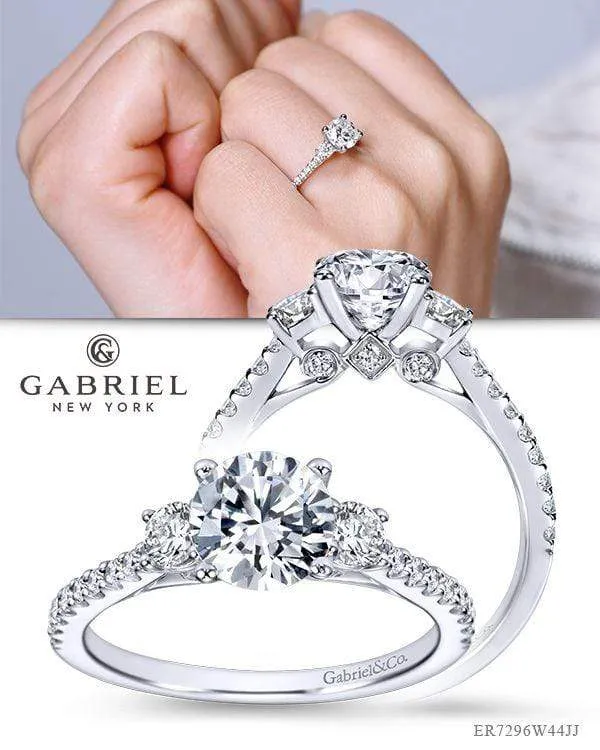 Mounting Only, 14K White Gold Round Three Stone Diamond Engagement Ring