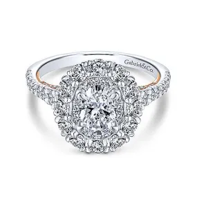 Mounting Only, 14K White-Rose Gold Oval Double Halo Diamond Engagement Ring