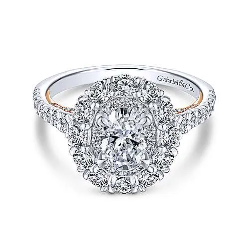 Mounting Only, 14K White-Rose Gold Oval Double Halo Diamond Engagement Ring