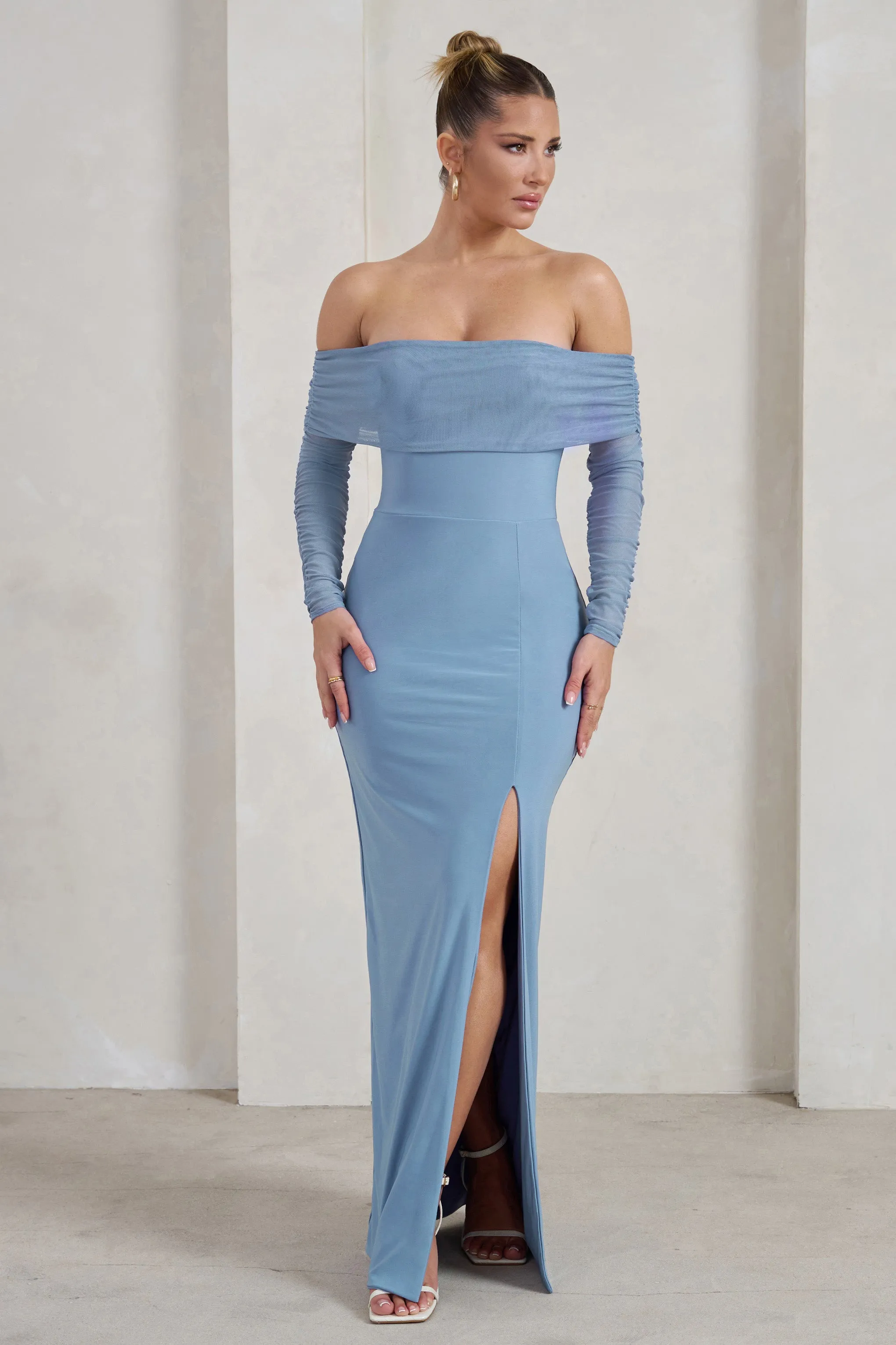 On Your Mind | Powder Blue Mesh Long Sleeve Maxi Dress