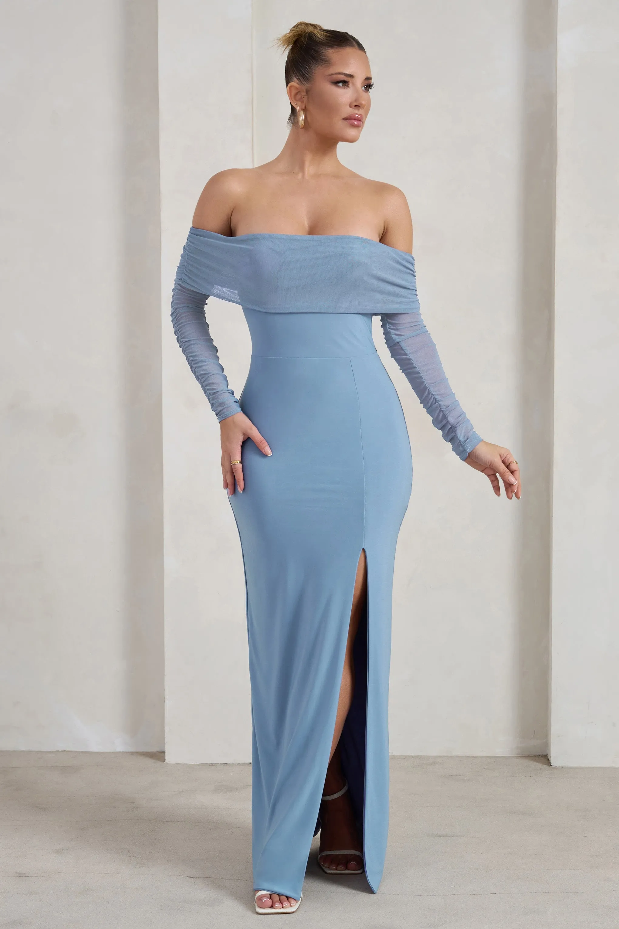 On Your Mind | Powder Blue Mesh Long Sleeve Maxi Dress