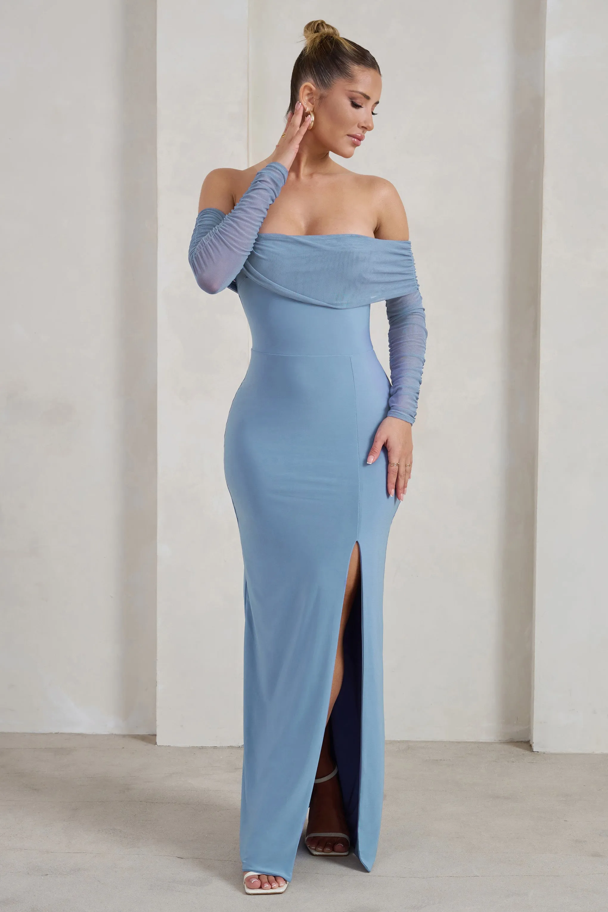 On Your Mind | Powder Blue Mesh Long Sleeve Maxi Dress