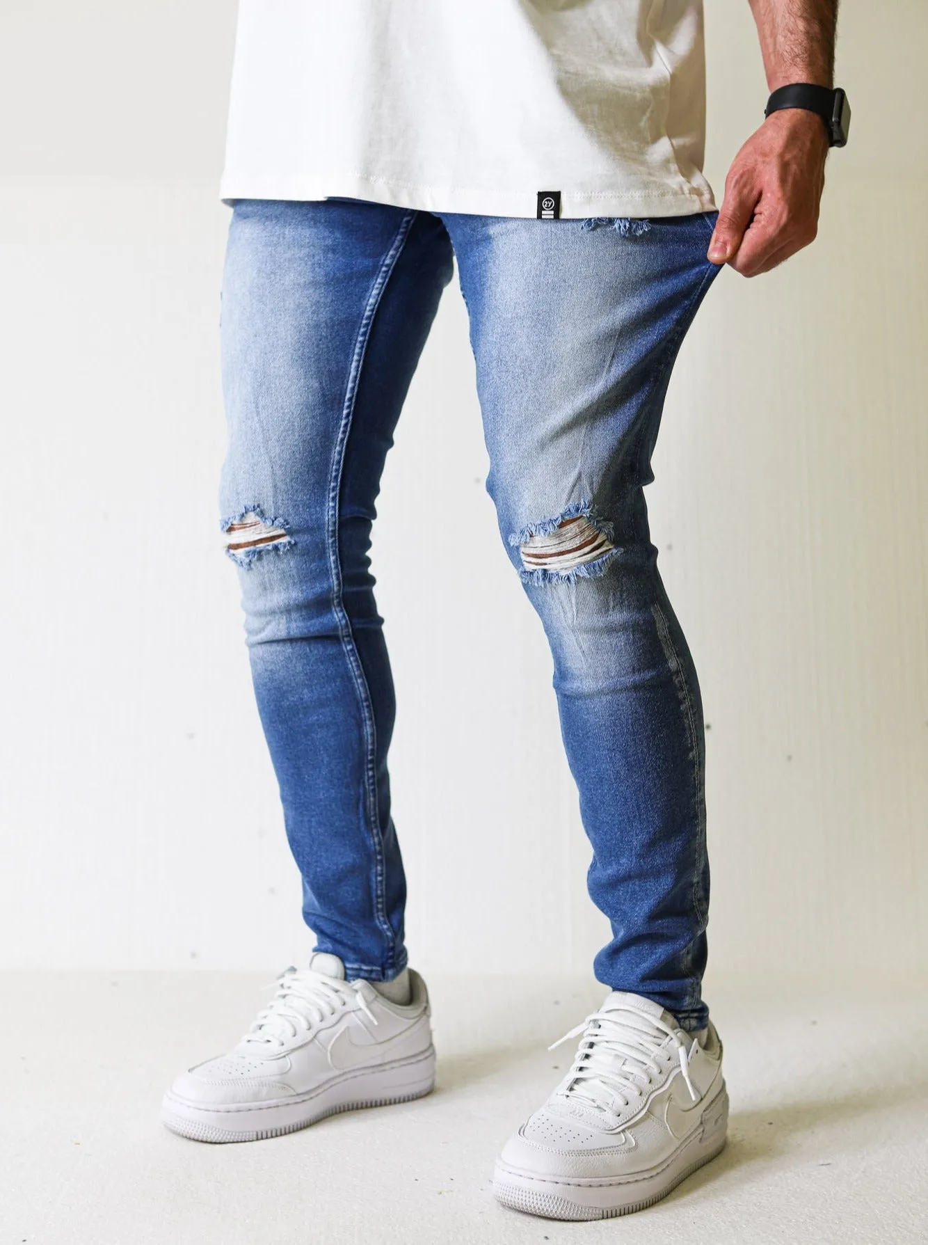 Premium 4X Stretch Ripped Blue Spray Jeans