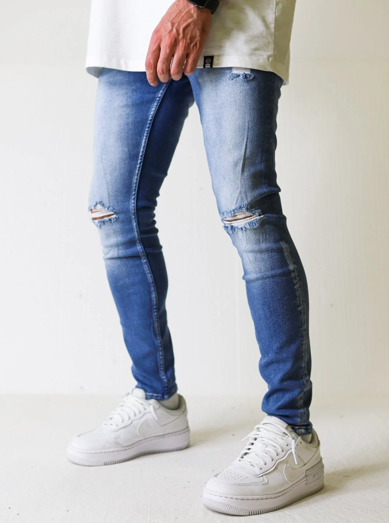 Premium 4X Stretch Ripped Blue Spray Jeans