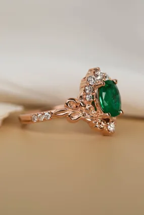 READY TO SHIP: Sophie ring in 14K rose gold, natural emerald oval cut 8x6 mm, accents moissanites, AVAILABLE RING SIZES: 6-8US