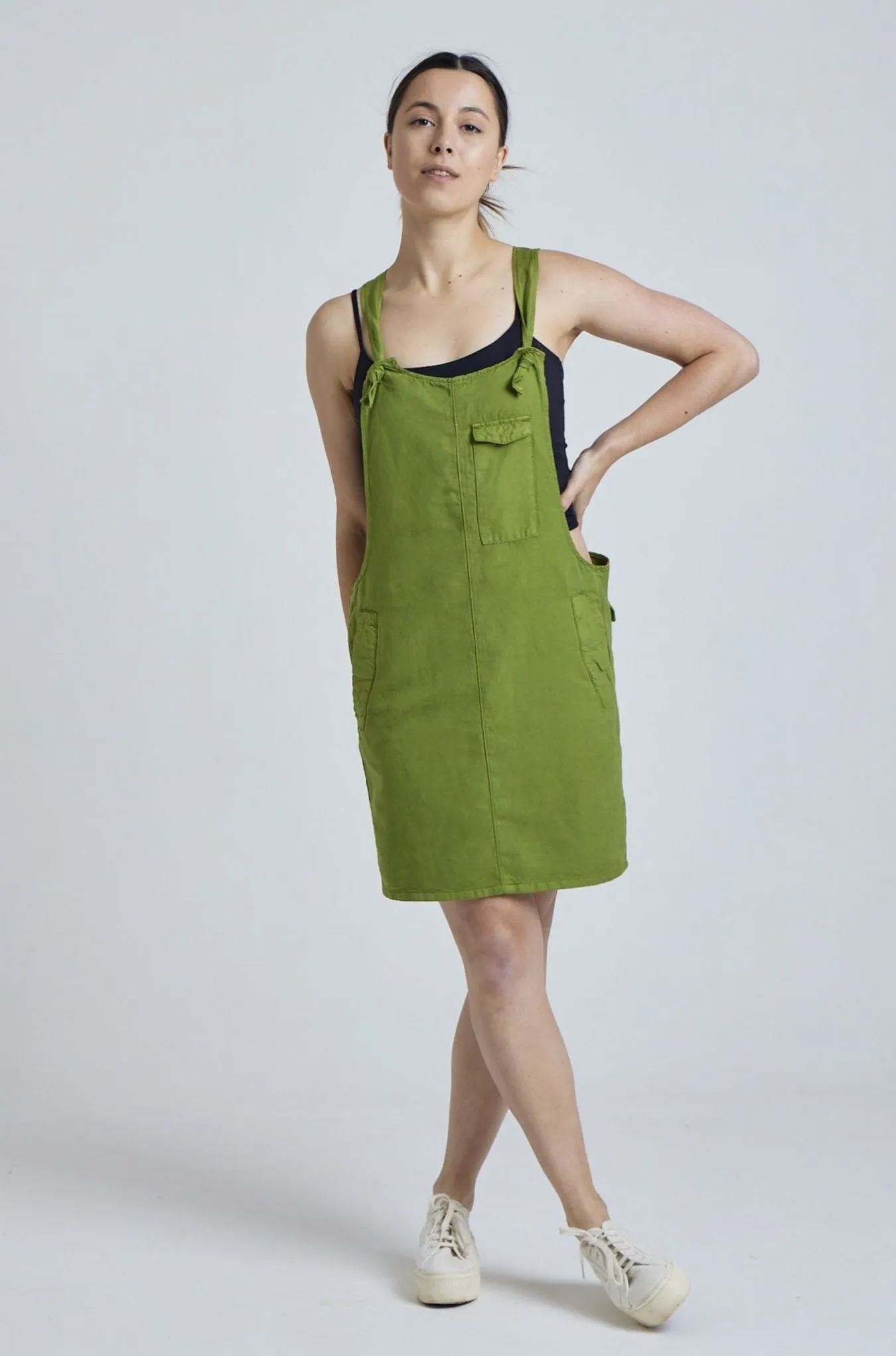 Spring Green Peggy Pocket Dungaree Dress - GOTS Certified Organic Cotton and Linen