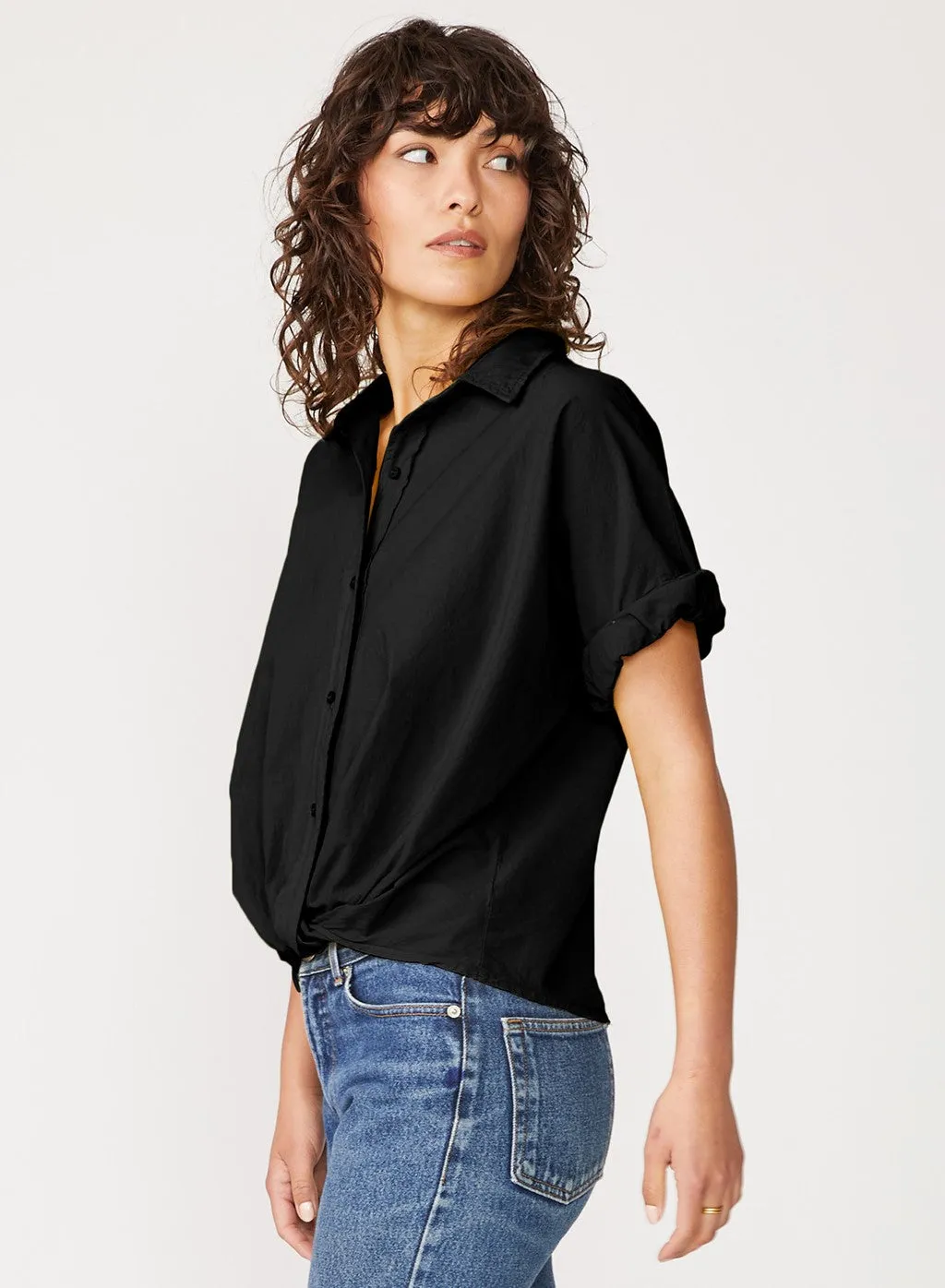 Voile Short Sleeve Front Twist Button Up Shirt in Black